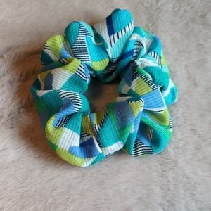 3/$20 - Colourful Geometric Print Hair Scrunchie in Blues and Greens
